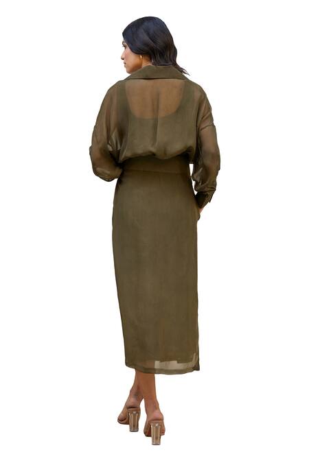 Kapraaaha Green Organza, Muslin, Cotton Collared Straight Dress With Jacket Online at Aza Fashions Kapraaaha_Green Organza, Muslin, Cotton Collared Straight Dress With Jacket_Online_at_Aza_Fashions