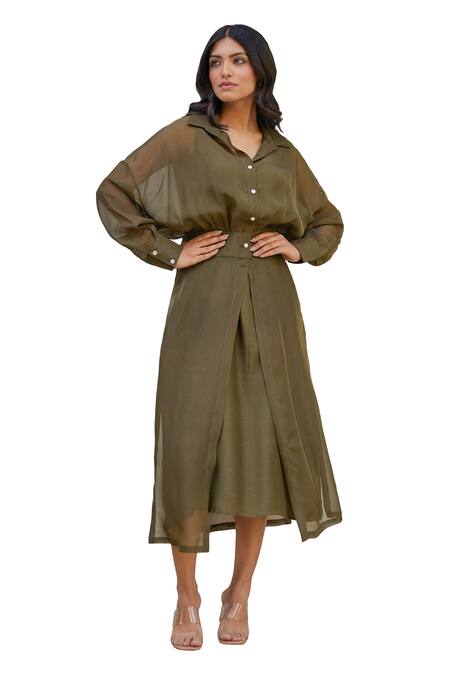 Buy Kapraaaha Green Organza, Muslin, Cotton Collared Straight Dress With Jacket Online at Aza Fashions Buy_Kapraaaha_Green Organza, Muslin, Cotton Collared Straight Dress With Jacket_Online_at_Aza_Fashions