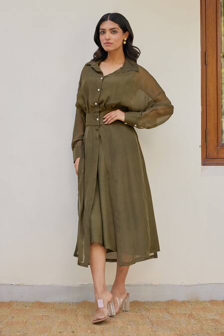Shop Kapraaaha Green Organza, Muslin, Cotton Collared Straight Dress With Jacket Online at Aza Fashions Shop_Kapraaaha_Green Organza, Muslin, Cotton Collared Straight Dress With Jacket_Online_at_Aza_Fashions