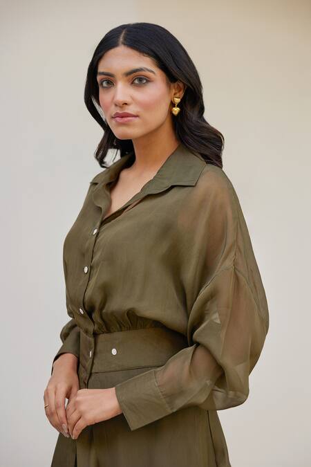 Shop Kapraaaha Green Organza, Muslin, Cotton Collared Straight Dress With Jacket Shop_Kapraaaha_Green Organza, Muslin, Cotton Collared Straight Dress With Jacket