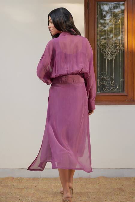 Shop Kapraaaha Purple Jacket Organza Collared Straight Midi Dress With at Aza Fashions Shop_Kapraaaha_Purple Jacket Organza Collared Straight Midi Dress With _at_Aza_Fashions