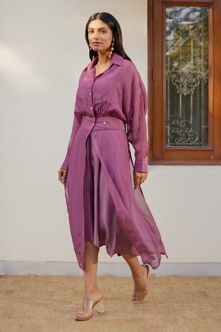 Shop Kapraaaha Purple Jacket Organza Collared Straight Midi Dress With Online at Aza Fashions Shop_Kapraaaha_Purple Jacket Organza Collared Straight Midi Dress With _Online_at_Aza_Fashions