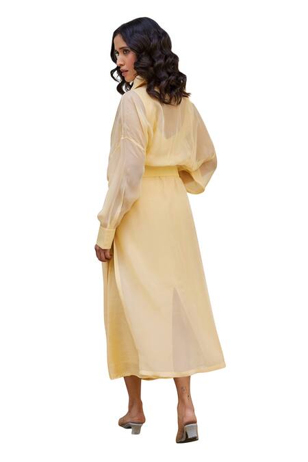 Kapraaaha_Yellow Organza Collared Button Down Dress With Jacket _Online_at_Aza_Fashions