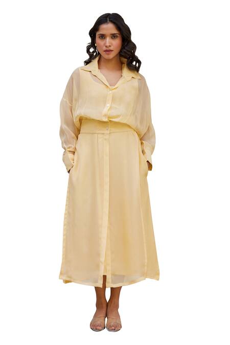 Buy_Kapraaaha_Yellow Organza Collared Button Down Dress With Jacket _Online_at_Aza_Fashions