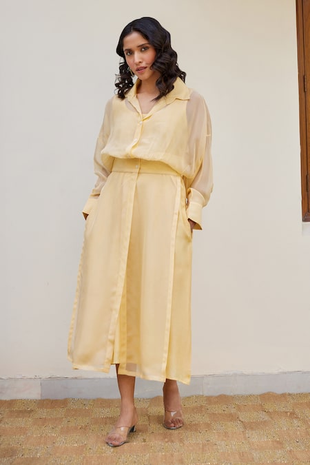 Shop_Kapraaaha_Yellow Organza Collared Button Down Dress With Jacket _Online_at_Aza_Fashions