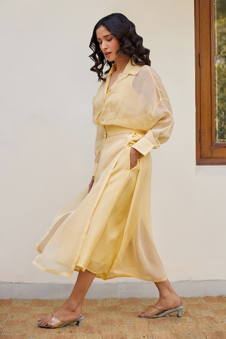 Kapraaaha_Yellow Organza Collared Button Down Dress With Jacket _at_Aza_Fashions