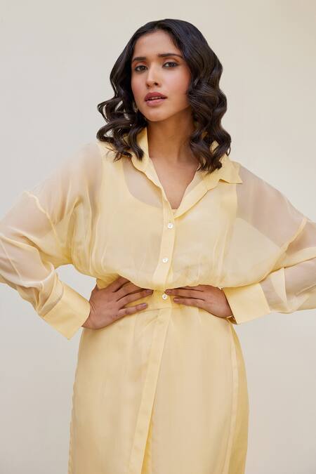 Shop_Kapraaaha_Yellow Organza Collared Button Down Dress With Jacket 