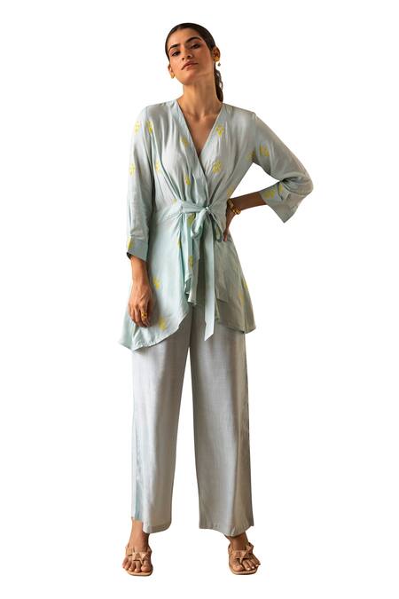 Buy Kapraaaha Blue Top Muslin Embroidered Thread V Neck Floral Tie-up And Pant Set Online at Aza Fashions Buy_Kapraaaha_Blue Top Muslin Embroidered Thread V Neck Floral Tie-up And Pant Set_Online_at_Aza_Fashions