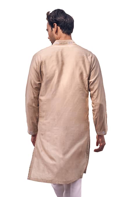 Buy_Kaaj Button X AZA_Gold Chanderi Silk, Cotton Applique Leather Kurta Set For Kids_Online_at_Aza_Fashions