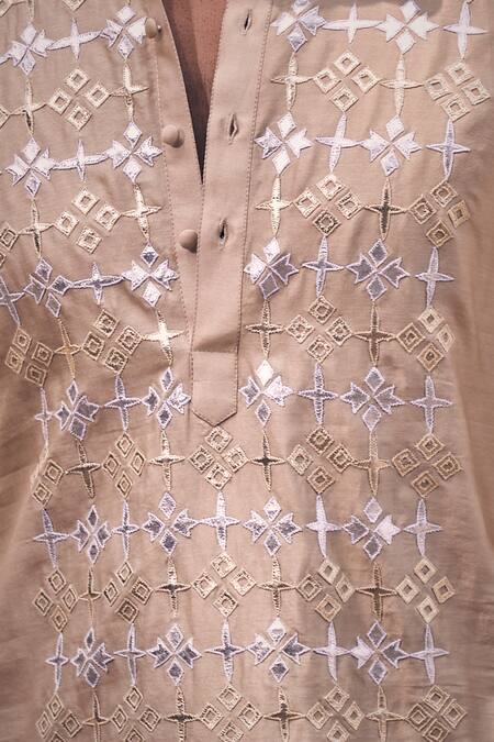 Shop_Kaaj Button X AZA_Gold Chanderi Silk, Cotton Applique Leather Kurta Set For Kids_Online_at_Aza_Fashions