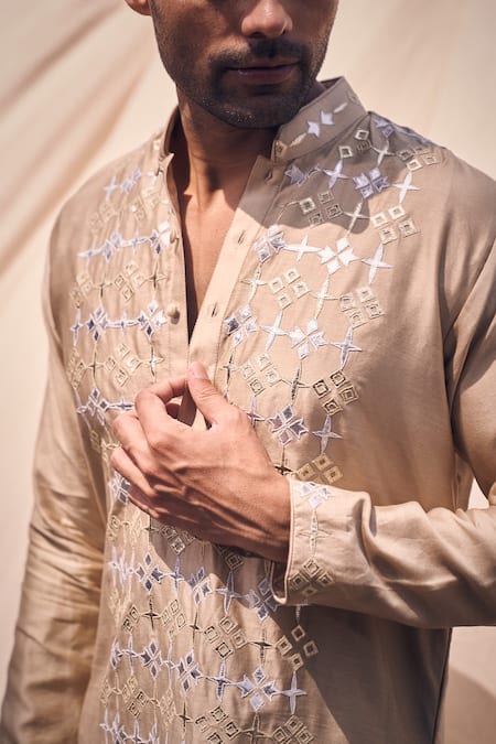 Kaaj Button X AZA_Gold Chanderi Silk, Cotton Applique Leather Kurta Set For Kids_at_Aza_Fashions