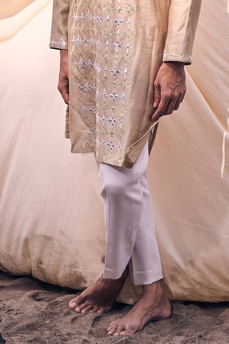 Buy_Kaaj Button X AZA_Gold Chanderi Silk, Cotton Applique Leather Kurta Set For Kids