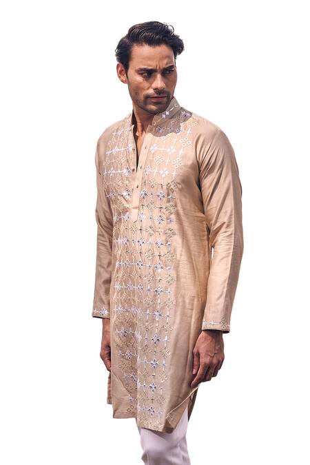 Shop_Kaaj Button X AZA_Gold Chanderi Silk, Cotton Applique Leather Kurta Set For Kids