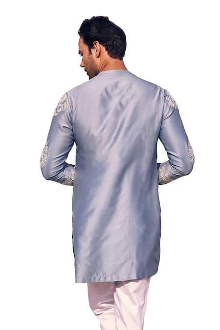 Buy_Kaaj Button X AZA_Blue Chanderi Silk, Cotton Cut Work Geometric Embroidered Kurta Set _Online_at_Aza_Fashions