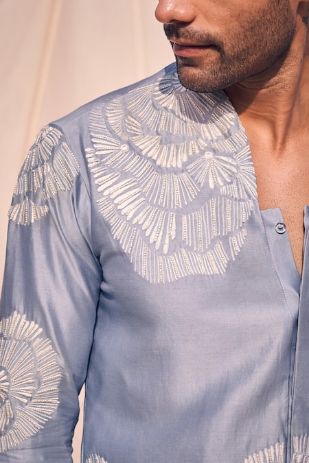 Shop_Kaaj Button X AZA_Blue Chanderi Silk, Cotton Cut Work Geometric Embroidered Kurta Set _Online_at_Aza_Fashions