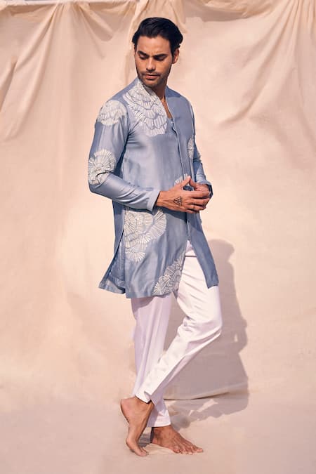 Kaaj Button X AZA_Blue Chanderi Silk, Cotton Cut Work Geometric Embroidered Kurta Set _at_Aza_Fashions