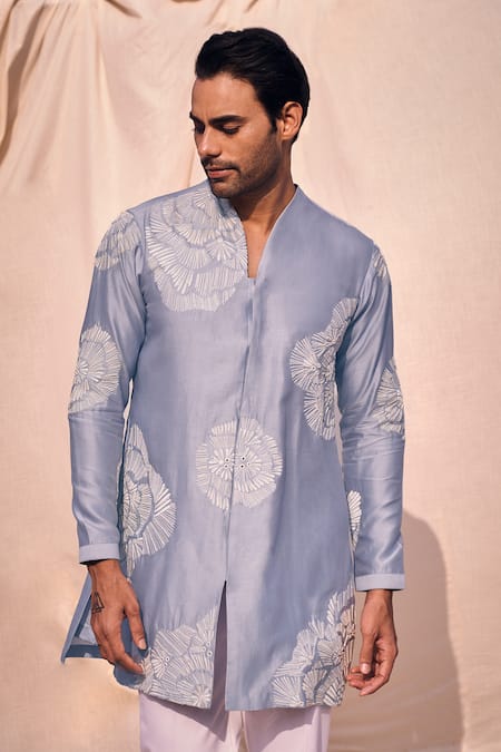 Buy_Kaaj Button X AZA_Blue Chanderi Silk, Cotton Cut Work Geometric Embroidered Kurta Set 