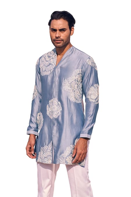 Shop_Kaaj Button X AZA_Blue Chanderi Silk, Cotton Cut Work Geometric Embroidered Kurta Set 