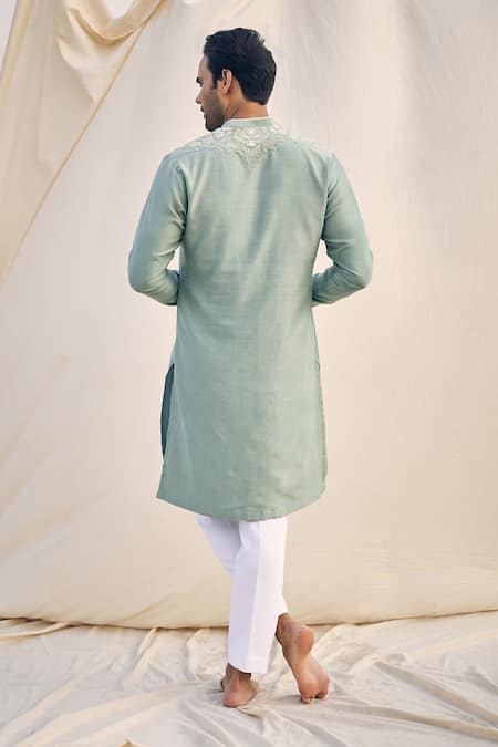 Kaaj Button X AZA Green Silk, Cotton Mirrors, Embroidery Geometric Yoke Kurta Set Online at Aza Fashions Kaaj Button X AZA_Green Silk, Cotton Mirrors, Embroidery Geometric Yoke Kurta Set _Online_at_Aza_Fashions
