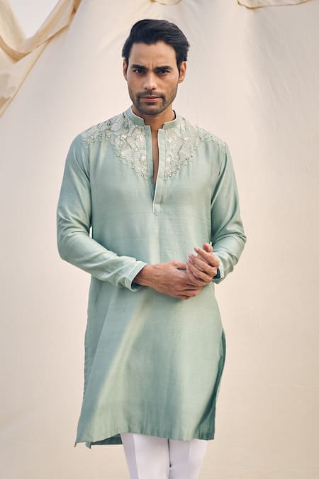 Shop Kaaj Button X AZA Green Silk, Cotton Mirrors, Embroidery Geometric Yoke Kurta Set Online at Aza Fashions Shop_Kaaj Button X AZA_Green Silk, Cotton Mirrors, Embroidery Geometric Yoke Kurta Set _Online_at_Aza_Fashions