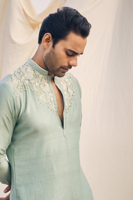Kaaj Button X AZA Green Silk, Cotton Mirrors, Embroidery Geometric Yoke Kurta Set at Aza Fashions Kaaj Button X AZA_Green Silk, Cotton Mirrors, Embroidery Geometric Yoke Kurta Set _at_Aza_Fashions
