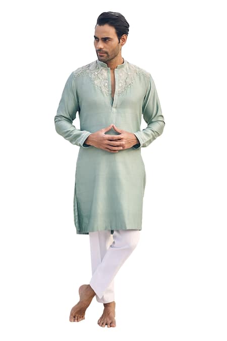 Shop Kaaj Button X AZA Green Silk, Cotton Mirrors, Embroidery Geometric Yoke Kurta Set Shop_Kaaj Button X AZA_Green Silk, Cotton Mirrors, Embroidery Geometric Yoke Kurta Set