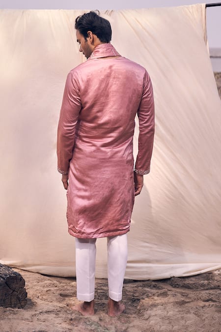 Kaaj Button X AZA_Pink Cotton, Satin Embroidery, Mirrors Placket Kurta Set _Online_at_Aza_Fashions