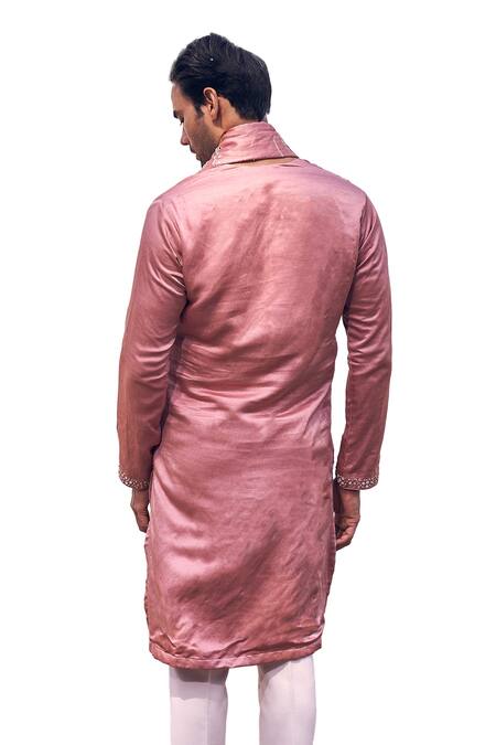 Buy_Kaaj Button X AZA_Pink Cotton, Satin Embroidery, Mirrors Placket Kurta Set _Online_at_Aza_Fashions