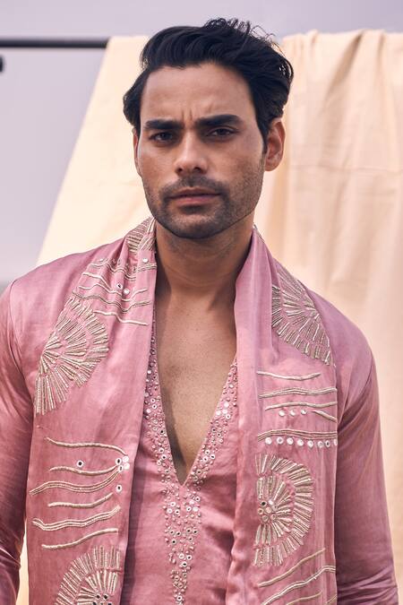 Shop_Kaaj Button X AZA_Pink Cotton, Satin Embroidery, Mirrors Placket Kurta Set _Online_at_Aza_Fashions