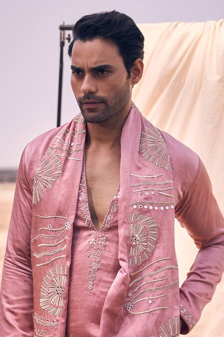 Kaaj Button X AZA_Pink Cotton, Satin Embroidery, Mirrors Placket Kurta Set _at_Aza_Fashions