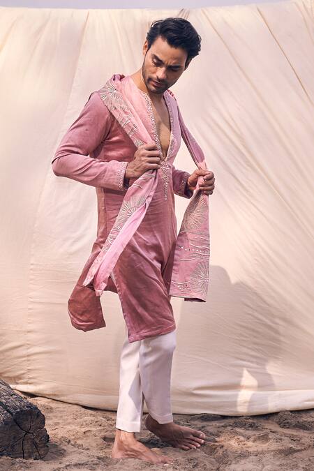 Buy_Kaaj Button X AZA_Pink Cotton, Satin Embroidery, Mirrors Placket Kurta Set 