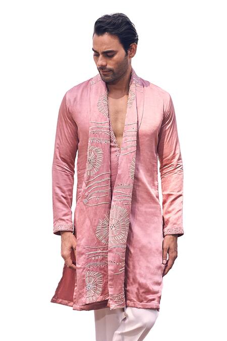 Shop_Kaaj Button X AZA_Pink Cotton, Satin Embroidery, Mirrors Placket Kurta Set 