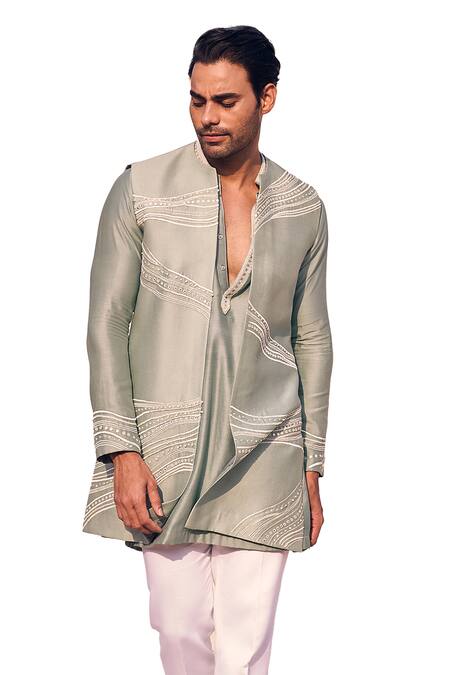 Buy_Kaaj Button X AZA_Green Chanderi Silk, Cotton Mirrors, Embroidery Linear Kurta And Bundi Set _Online_at_Aza_Fashions