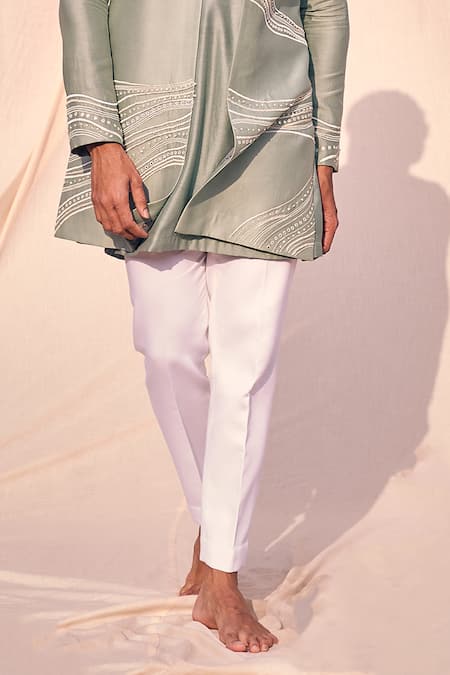 Shop_Kaaj Button X AZA_Green Chanderi Silk, Cotton Mirrors, Embroidery Linear Kurta And Bundi Set _Online_at_Aza_Fashions