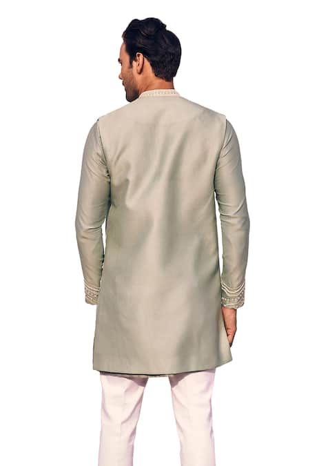 Kaaj Button X AZA_Green Chanderi Silk, Cotton Mirrors, Embroidery Linear Kurta And Bundi Set _at_Aza_Fashions