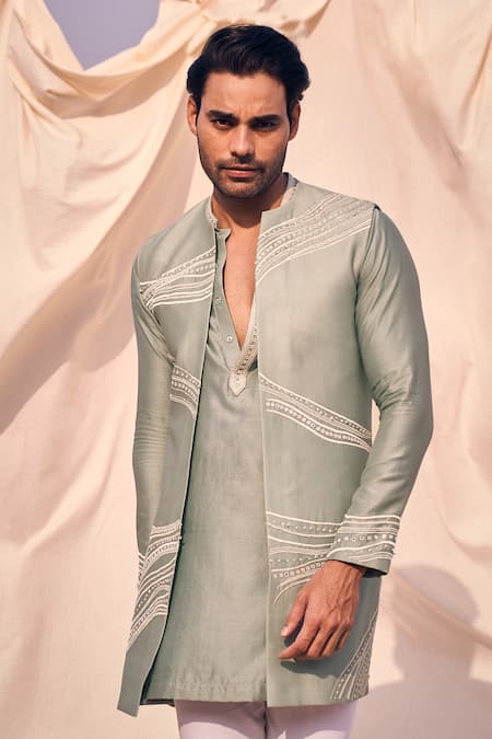 Buy_Kaaj Button X AZA_Green Chanderi Silk, Cotton Mirrors, Embroidery Linear Kurta And Bundi Set 