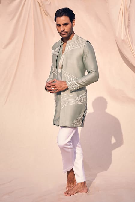 Shop_Kaaj Button X AZA_Green Chanderi Silk, Cotton Mirrors, Embroidery Linear Kurta And Bundi Set 