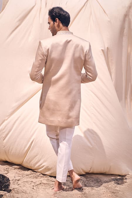 Kaaj Button X AZA Gold Cotton , Embroidery Leather Applique Short Achkan Set Online at Aza Fashions Kaaj Button X AZA_Gold Cotton , Embroidery Leather Applique Short Achkan Set _Online_at_Aza_Fashions