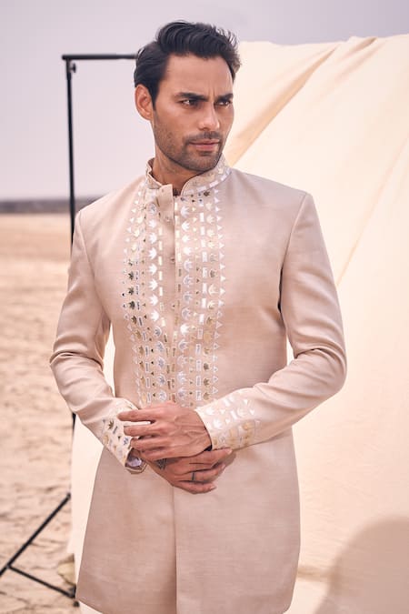 Shop Kaaj Button X AZA Gold Cotton , Embroidery Leather Applique Short Achkan Set Online at Aza Fashions Shop_Kaaj Button X AZA_Gold Cotton , Embroidery Leather Applique Short Achkan Set _Online_at_Aza_Fashions