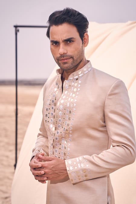 Kaaj Button X AZA Gold Cotton , Embroidery Leather Applique Short Achkan Set at Aza Fashions Kaaj Button X AZA_Gold Cotton , Embroidery Leather Applique Short Achkan Set _at_Aza_Fashions