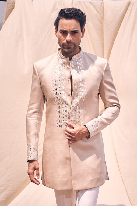 Buy Kaaj Button X AZA Gold Cotton , Embroidery Leather Applique Short Achkan Set Buy_Kaaj Button X AZA_Gold Cotton , Embroidery Leather Applique Short Achkan Set