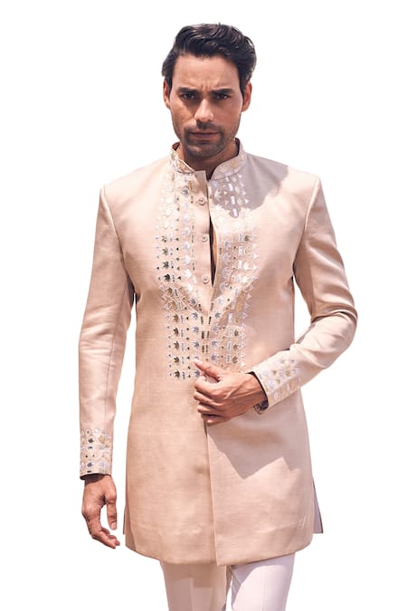 Shop Kaaj Button X AZA Gold Cotton , Embroidery Leather Applique Short Achkan Set Shop_Kaaj Button X AZA_Gold Cotton , Embroidery Leather Applique Short Achkan Set