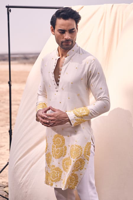Shop_Kaaj Button X AZA_Ivory Chanderi Silk, Cotton Embroidery Floral Applique Kurta Set _Online_at_Aza_Fashions
