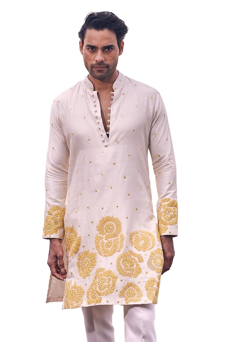 Kaaj Button X AZA_Ivory Chanderi Silk, Cotton Embroidery Floral Applique Kurta Set _at_Aza_Fashions