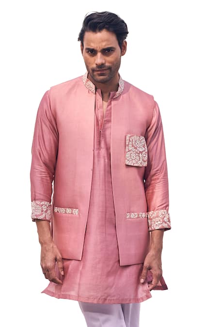 Buy Kaaj Button X AZA Pink Chanderi Silk, Cotton Cut Work, Mirrors, Placement Bundi And Kurta Set Online at Aza Fashions Buy_Kaaj Button X AZA_Pink Chanderi Silk, Cotton Cut Work, Mirrors, Placement Bundi And Kurta Set _Online_at_Aza_Fashions