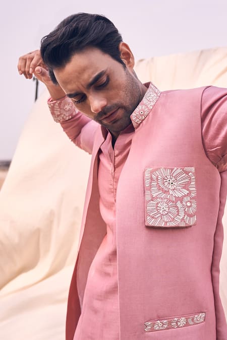 Shop Kaaj Button X AZA Pink Chanderi Silk, Cotton Cut Work, Mirrors, Placement Bundi And Kurta Set Online at Aza Fashions Shop_Kaaj Button X AZA_Pink Chanderi Silk, Cotton Cut Work, Mirrors, Placement Bundi And Kurta Set _Online_at_Aza_Fashions