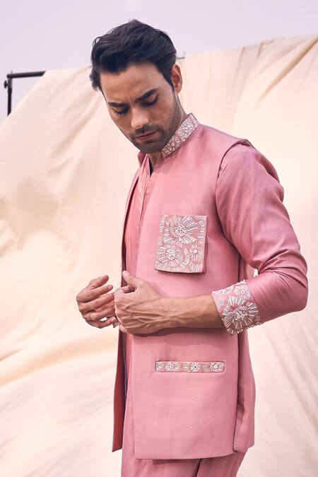 Kaaj Button X AZA Pink Chanderi Silk, Cotton Cut Work, Mirrors, Placement Bundi And Kurta Set at Aza Fashions Kaaj Button X AZA_Pink Chanderi Silk, Cotton Cut Work, Mirrors, Placement Bundi And Kurta Set _at_Aza_Fashions