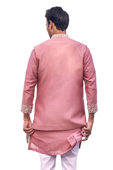Buy Kaaj Button X AZA Pink Chanderi Silk, Cotton Cut Work, Mirrors, Placement Bundi And Kurta Set Buy_Kaaj Button X AZA_Pink Chanderi Silk, Cotton Cut Work, Mirrors, Placement Bundi And Kurta Set