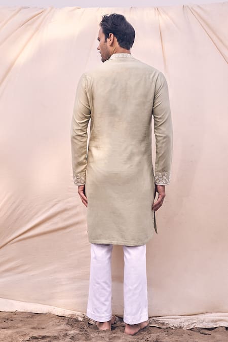Kaaj Button X AZA_Green Chanderi Silk, Cotton Applique Placement Embroidered Kurta Set _Online_at_Aza_Fashions