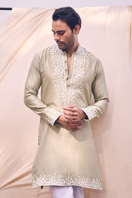 Shop_Kaaj Button X AZA_Green Chanderi Silk, Cotton Applique Placement Embroidered Kurta Set _Online_at_Aza_Fashions